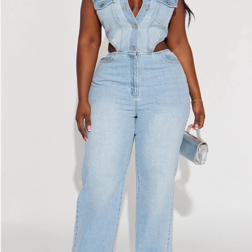 Fashion Nova Light Wash Denim Jumpsuit